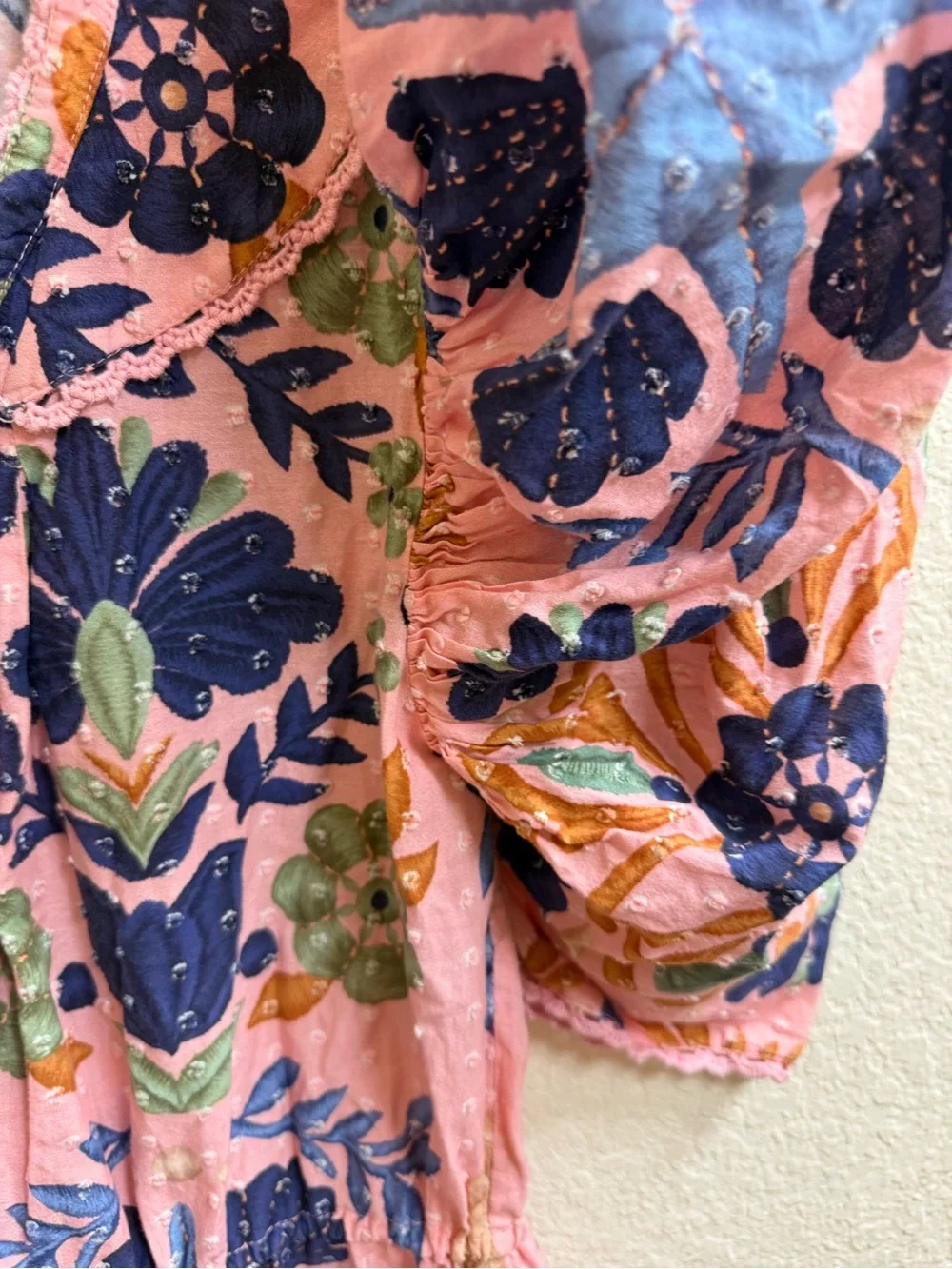 Farm Rio Pink & Blue Swiss Dot Floral Puff-Sleeve Dress